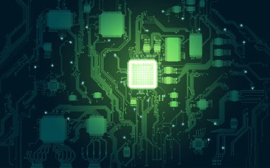 Koyu yeşil tonda soyut elektronik pano ve işlemci arkaplanı