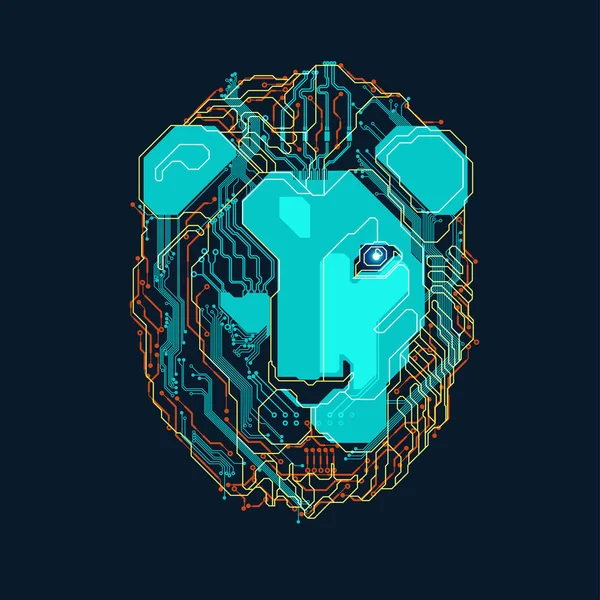 未来派色彩斑斓的狮头 狮头与电子板相结合的形状 强大技术的概念 — 图库矢量图片