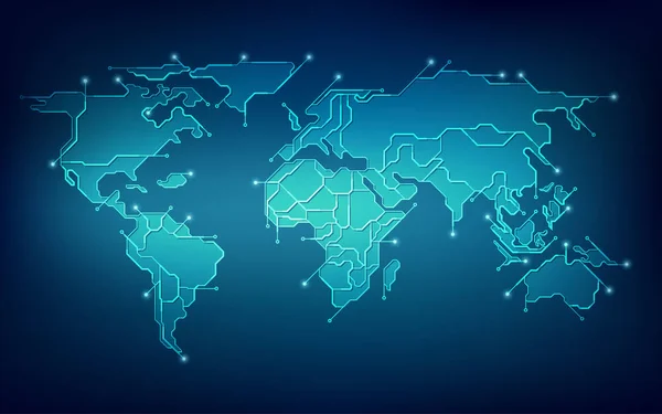 Mappa Astratta Del Mondo Futuristico Tema Elettronico Concetto Rete Globale — Vettoriale Stock