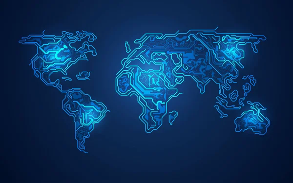 Mappa Astratta Del Mondo Futuristico Tema Elettronico Concetto Rete Globale — Vettoriale Stock