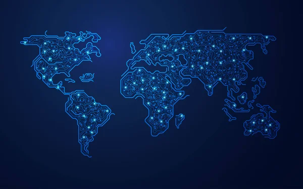 Vettore Mappa Del Mondo Combinato Con Modello Elettronico Concetto Mondo — Vettoriale Stock