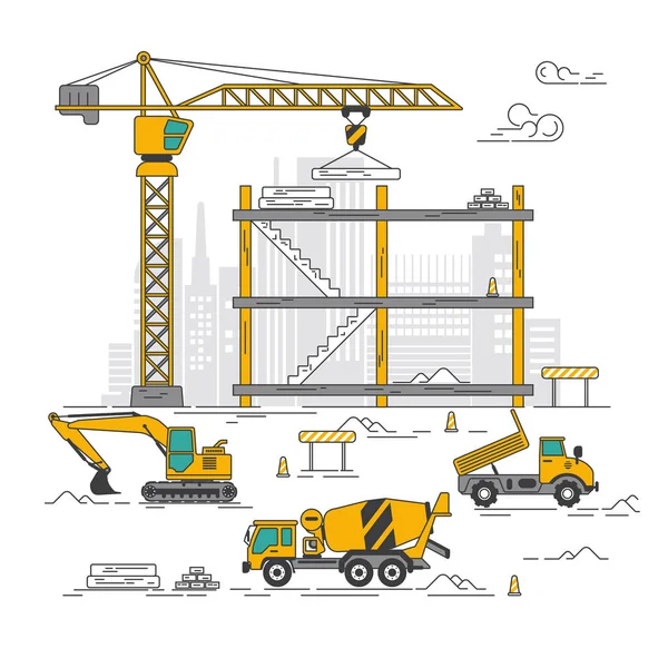 建設現場における掘削機やトラックやクレーンのグラフィック建設業界の概念 — ストックベクタ