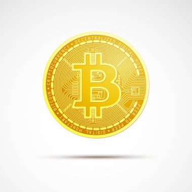 Beyaz arkaplanda izole edilmiş gerçekçi altın bitcoin vektörü, kripto para kavramı veya çevrimiçi ticaret