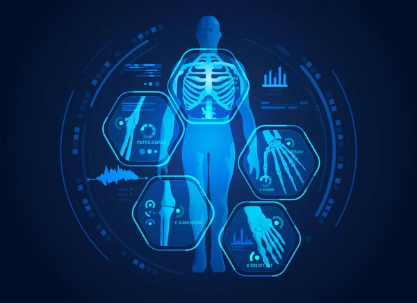 Gráfico Corpo Homem Raio Com Interface Ciência Digital Esqueleto Ossos — Vetor de Stock