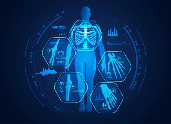 İskelet ve kemiklerin dijital bilim arayüzü ile insan vücudunun X-ray grafiği biyolojik bilgi taraması