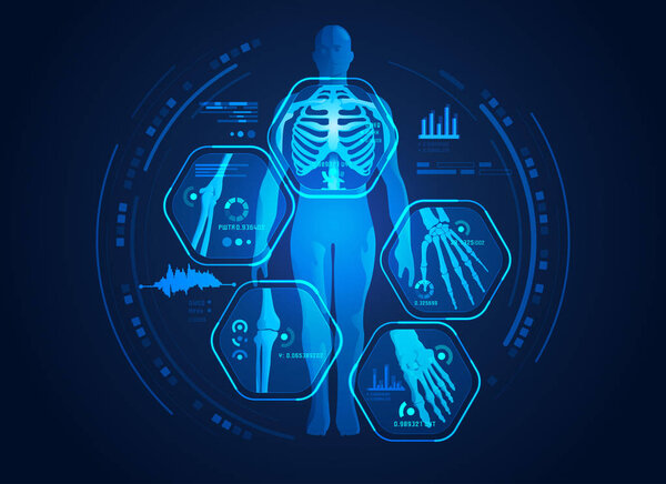 graphic of mans body x-ray with digital science interface of skeleton and bones scan for biological infographics