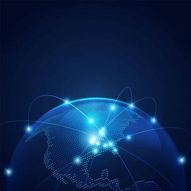 İletişim dünyası ya da küresel ağ konsepti, ışık telli noktalı dünya grafiği