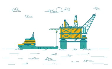 Yük gemisinin endüstriyel bilgi işleme sürecinde olduğu petrol platformunun düz dizayn vektörü