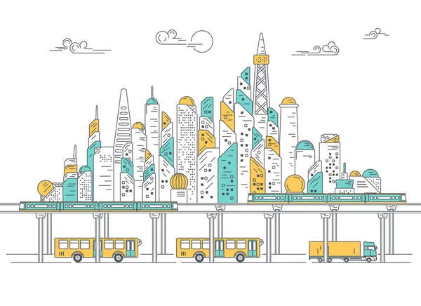 Вектор Города Строительством Скоростными Поездами Концепция Развития Мегаполиса Графика Городской — стоковый вектор