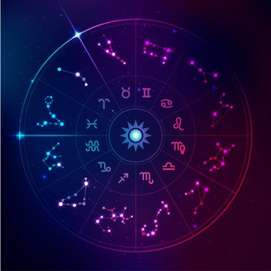 Fütürist teknoloji tarzında burç işaretlerinin vektörü, Zodiac 'ta galaksi yıldızları