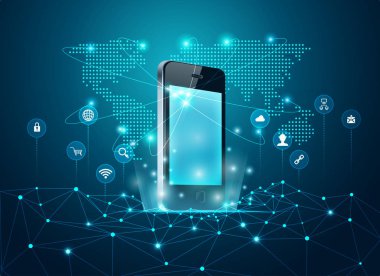 İletişim teknolojisi konsepti, küresel ağ simülasyonu ile gerçekçi aygıt grafiği