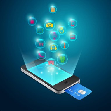 Çevrimiçi alışveriş konsepti, akıllı telefona gerçekçi kredi kartı eklentisi 