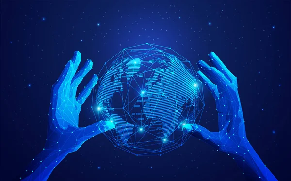 Konzept Der Globalen Netzwerk Oder Kommunikationstechnologie Futuristische Hände Die Drahtgitterglobus — Stockvektor