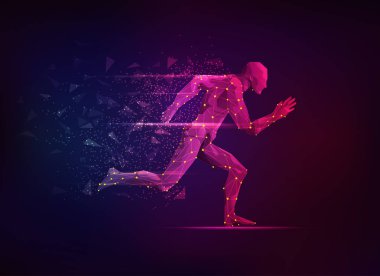 Spor bilimi konsepti, ışıklandırma efektiyle koşan çokgen erkek sporcu