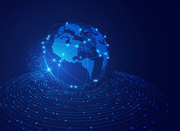 Konzept Der Kommunikationstechnologie Wireframe Globus Mit Digitalem Radar — Stockvektor