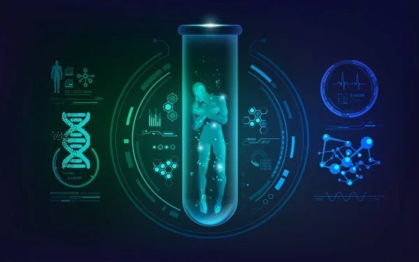 Koncepcja Inżynierii Genetycznej Lub Biotechnologii Grafika Człowieka Probówce Interfejsem Naukowym — Wektor stockowy