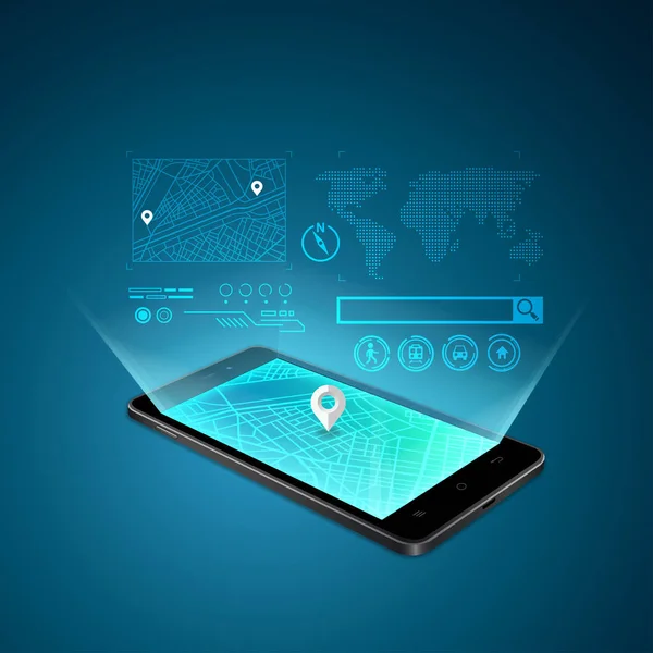 Cep telefonu GPS teknolojisi konsepti, ekranda GPS haritası gösteren gerçekçi cep telefonu grafiği