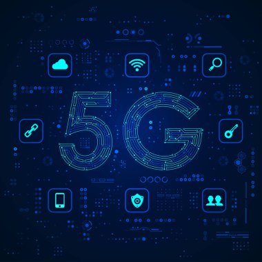 İletişim teknolojisi konsepti, 5G grafiği ve elektronik desen.