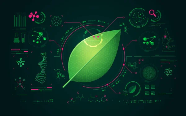 concept of synthetic biology or biological technology, graphic of single leaf with electronic pattern