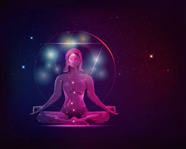 Koncept Meditace Duchovního Vývoje Grafika Ženy Meditační Póze Pozadím Galaxiálních — Stockový vektor