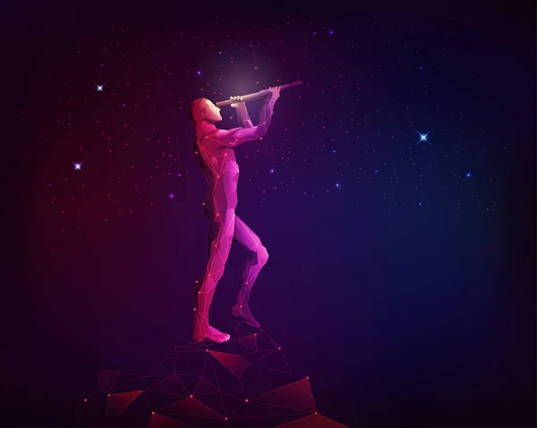 Concept Astronomy Technology Polygon Man Looking Telescope Galaxy Stars Background — 스톡 벡터