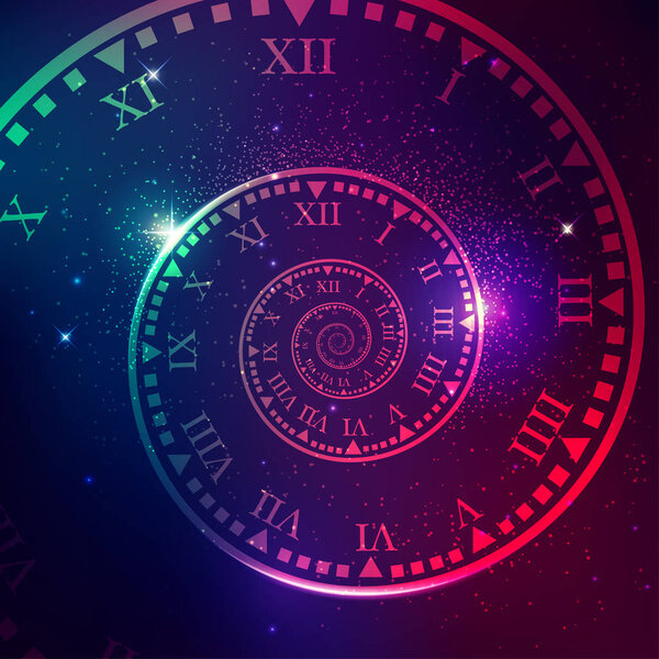 concept of space of time in the universe, spiral clock with galaxy star background