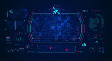 Uydudan arazi görüntüsü, dijital radar arayüzü, iletişim teknolojisi kavramı