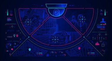 gözetim teknolojisi kavramı, algılama ekranı ve fütüristik arayüzü ile Cctv