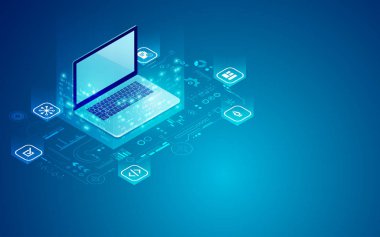 Web programlama geliştirme kavramı, Ui Ux arayüzü elementi ile izometrik dizüstü bilgisayar