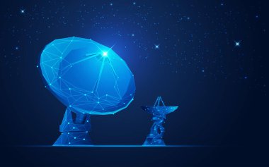 Telekomünikasyon teknolojisi kavramı, çokgen uydu anteni ve galaksi arka planı.