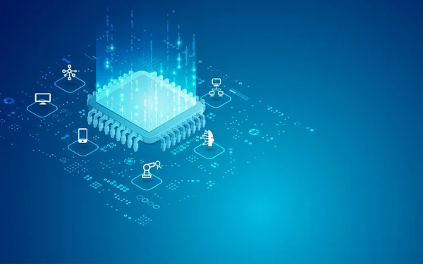 Dijital ağ konsepti veya şeylerin interneti, elektronik desenli mikroçip ve teknoloji simgeleri
