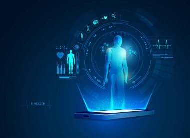 Tıbbi teknoloji gelişimi kavramı, simülasyon ekranlı e-sağlık uygulamasını gösteren cep telefonu
