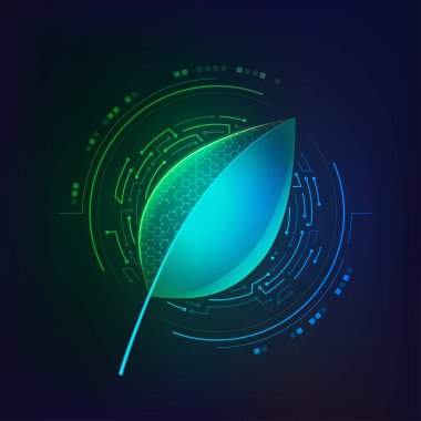 Sentetik biyoloji ya da biyolojik teknoloji konsepti, elektronik desenli tek yaprak grafiği