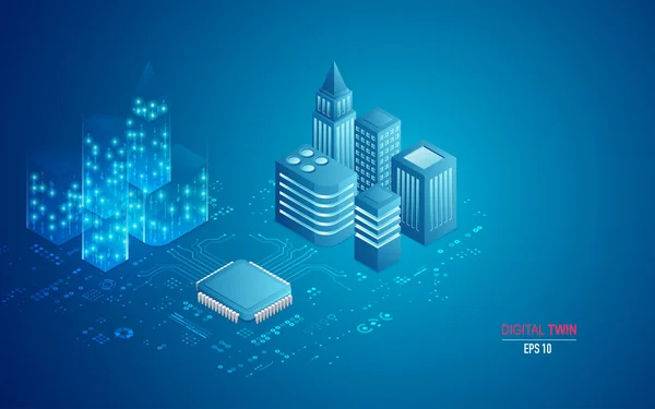 Dijital ikiz teknolojisi, mikroçip ve binalar konsepti elektronik desenle birleştirildi
