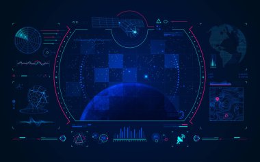 Uydudan arazi görüntüsü, dijital radar arayüzü, iletişim teknolojisi kavramı