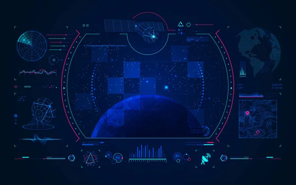 Vista Del Terreno Satellite Con Interfaccia Radar Digitale Concetto Tecnologia — Vettoriale Stock