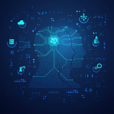 Dijital ikiz ya da internet konsepti (iot), insan şekli ile elektronik desen ve dijital teknoloji elementi