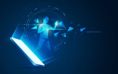 Artırılmış gerçeklik teknolojisi kavramı mı yoksa dijital fütüristik öğeye erişen bir kullanıcı ile cep telefonu mu?