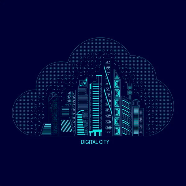 Concept Van Digitale Stad Vorm Van Gebouwen Met Cloud Computing — Stockvector