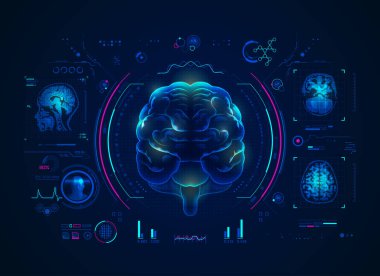 Tıbbi sağlık teknolojisi elementi olan beynin analizi, MRI tarama arayüzü grafiği