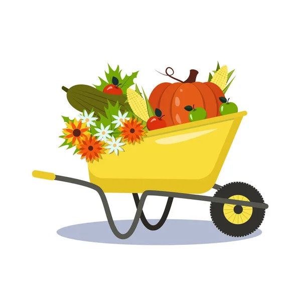 Illustrationsgelber Garten-Schubkarre mit Gemüse und Blumen. Vektorgrafik — Stockvektor