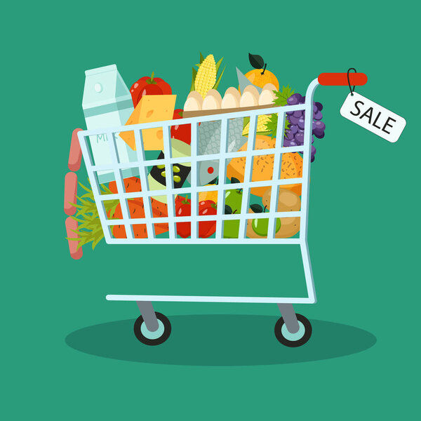 Illustration-grocery shopping cart with icon sale. Vector graphics