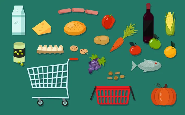 Abbildung - eine Reihe von Produkten und ein Lebensmittelkorb, Einkaufswagen. Vektorgrafik. — Stockvektor