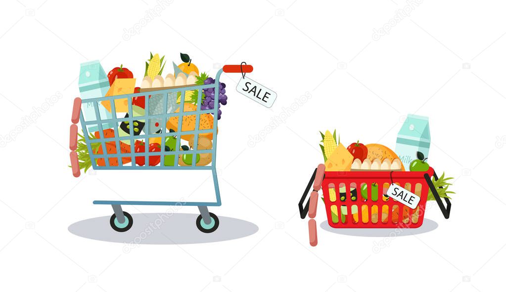 The supermarket trolley and basket full of products and badges