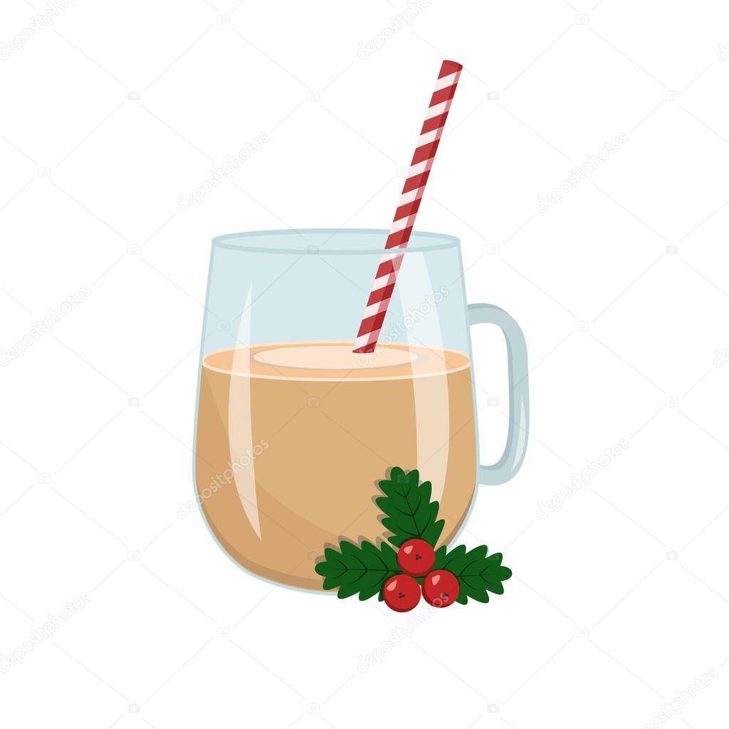 Drink Eggnog in a glass with a striped straw and a Christmas berry Holly. Stock vector graphics