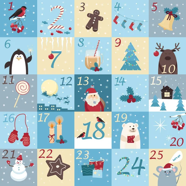 Рождественский календарь в ограниченной цветовой палитре и в стиле мультфильмов. Изображение милых животных, Санта, дома, подарки, ювелирные изделия и другие зимние элементы. Векторная графика . — стоковый вектор