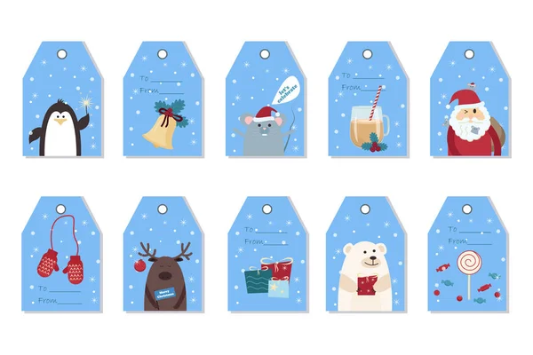 Набор рождественских ярлыков с изображением милых животных, Санта, варежки, напитки, подарки, колокол. Векторная графика . — стоковый вектор