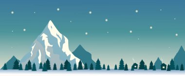 Manzara. Gece gökyüzüne, çam ağaçlarına ve evlere karşı dağın görüntüsü. Vektör grafikleri.