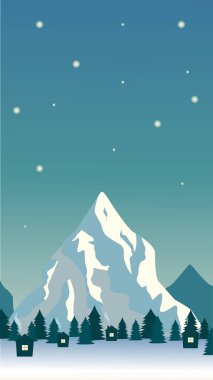 Manzara. Gece gökyüzüne, çam ağaçlarına ve evlere karşı dağın dikey görüntüsü. Vektör grafikleri.