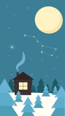 Winter landscape with a house and Christmas trees on the background of the moon, the Constellation of the polar bear and the starry sky. Vector graphics.